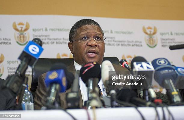 South Africa's Minister of Sport and Recreation Fikile Mbalula gives a speech on the latest allegations of corruption at FIFA during a press...