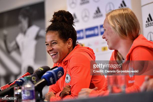 Celia Sasic and Pauline Bremer of Germany face the media during a press conference at The Shaw Centre on June 3, 2015 in Ottawa, Canada.