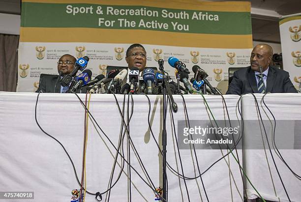 South Africa's Minister of Sport and Recreation Fikile Mbalula gives a speech on the latest allegations of corruption at FIFA during a press...