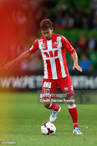 Harry Kewell of the Heart kicks the ball during the round 21 A-League match between Melbourne Heart and Melbourne Victory at AAMI Park on March 1,...