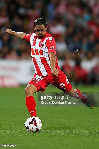 David Williams of the Heart kicks the ball during the round 21 A-League match between Melbourne Heart and Melbourne Victory at AAMI Park on March 1,...