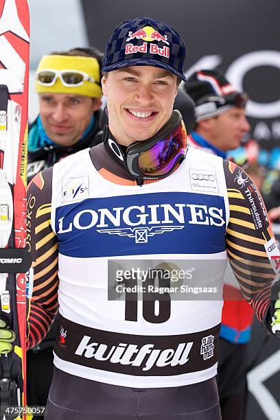 Erik Guay of Canada takes first place during the Audi FIS Alpine Ski World Cup Men's Downhill on March 1, 2014 in Ringebu, Norway.