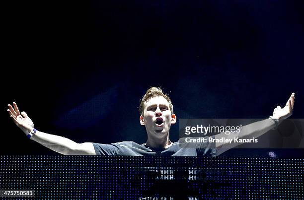 Robert van de Corput better known as Hardwell performs live for fans as part of the 2014 Future Music Festival at RNA Showgrounds on March 1, 2014 in...