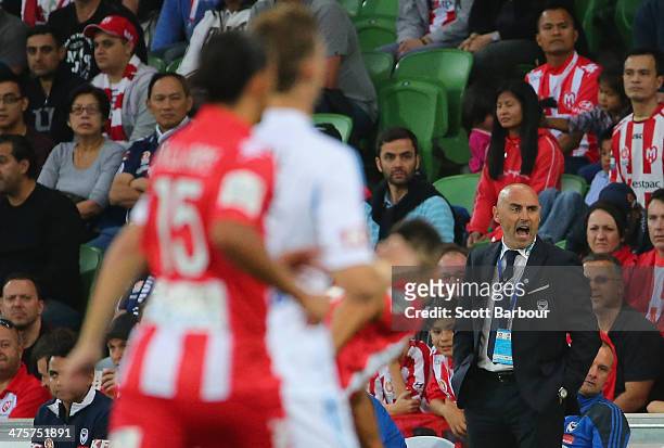 Victory coach Kevin Muscat gestures during the round 21 A-League match between Melbourne Heart and Melbourne Victory at AAMI Park on March 1, 2014 in...