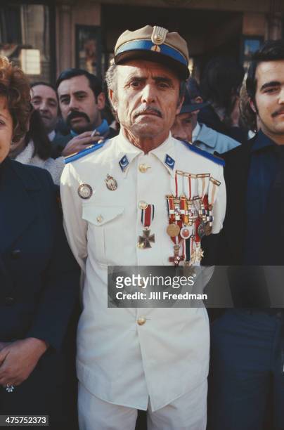 Highly-decorated officer awaits news of the death of Spanish dictator Francisco Franco in Madrid, Spain, November 1975.