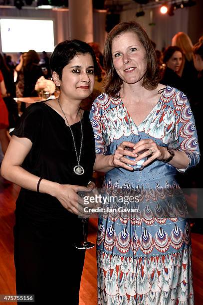 Chair of judges Shami Chakrabarti and Anne Tyler's Editor and Deputy Publishing Director of Chatto & Windus, Becky Hardie celebrate the 2015 Baileys...