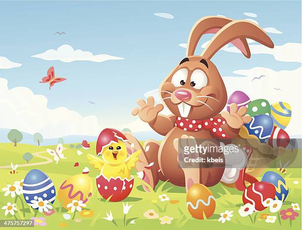 surprised easter bunny - easter bunny with eggs stock illustrations