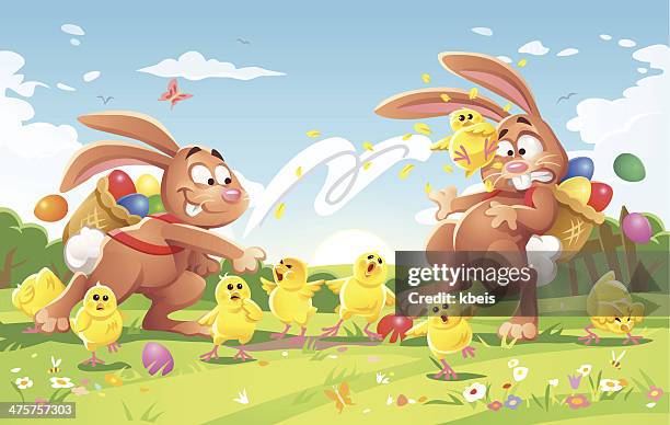 rivaling easter bunnies - easter egg toss stock illustrations