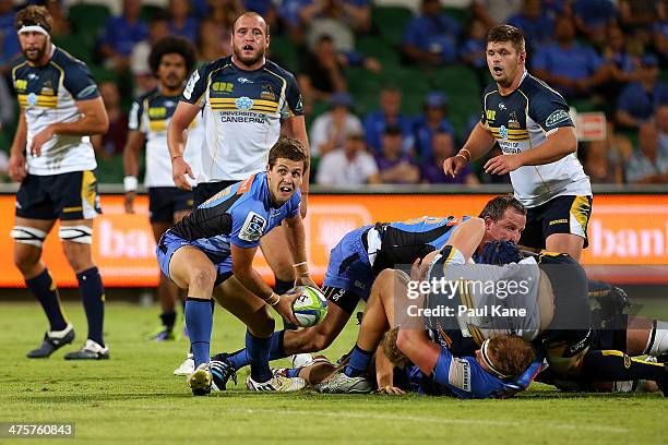 Ian Prior of the Force passes the ball during the round three Super Rugby match between the Western Force and the ACT Brumbies at nib Stadium on...