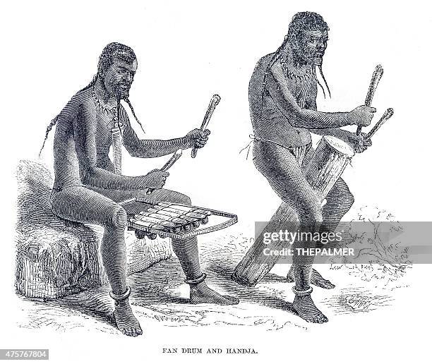 african tribe musical instruments engraving - african drum stock illustrations