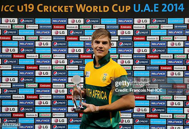 Aiden Markram of South Africa poses with the player of the tournament trophy after the ICC U19 Cricket World Cup 2014 Super League Final match...