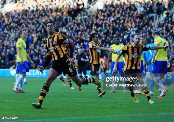 Curtis Davies of Hull City celebrates as he scores their first goal during the Barclays Premier League match between Hull City and Newcastle United...