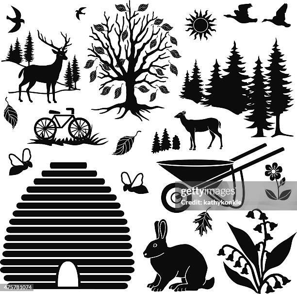 rural farm field design elements with beehive, rabbit and deer - beekeeping stock illustrations