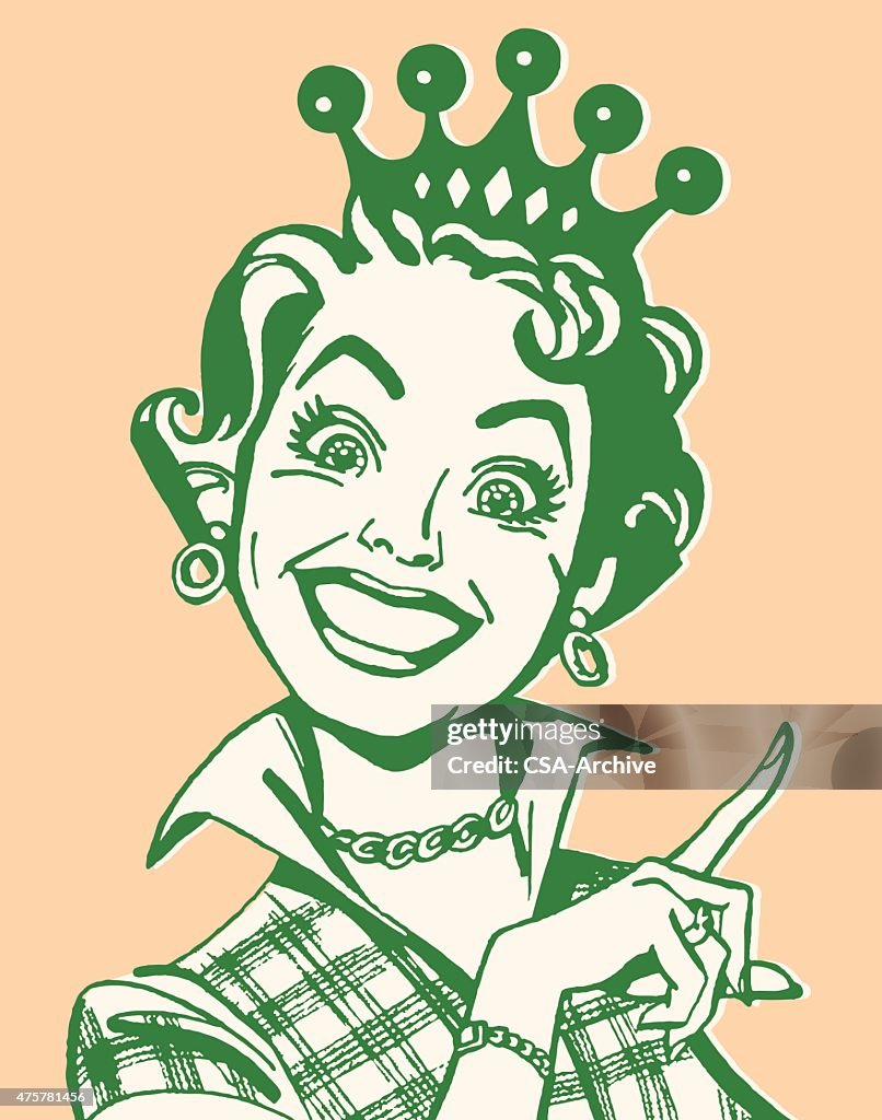 Smiling Woman Pointing and Wearing Crown