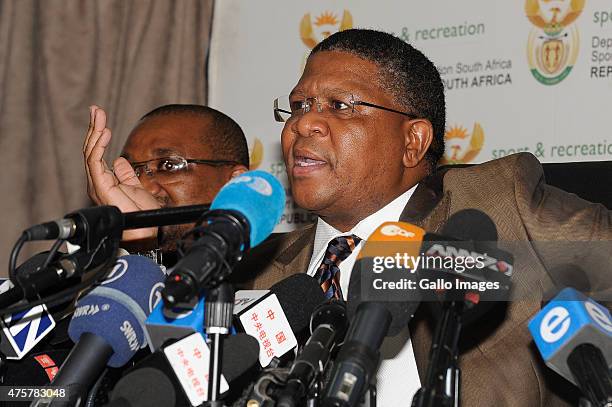 Minister of Sport Fikile Mbalula address the media during the FIFA allegations Press Conference at SAFA House Conference Centre on June 03, 2015 in...