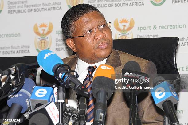 Minister of Sport Fikile Mbalula address the media during the FIFA allegations Press Conference at SAFA House Conference Centre on June 03, 2015 in...