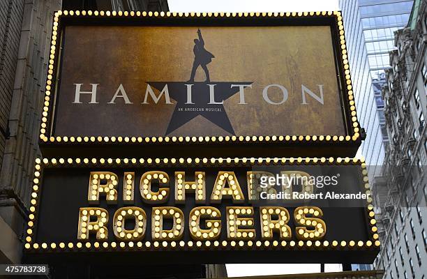 The Richard Rodgers Theatre on 46th Street in New York City is the site of the July 13, 2015 Broadway theater premiere of the musical "Hamilton,'...
