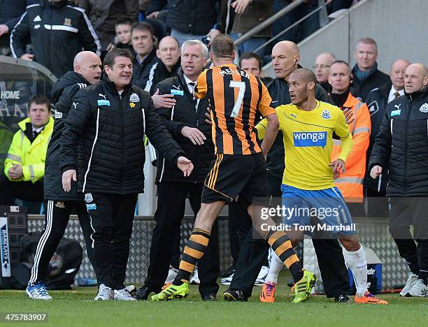 David Meyler of Hull City pushes Alan Pardew, manager of Newcastle United during the Barclays Premier League match between Hull City and Newcastle...