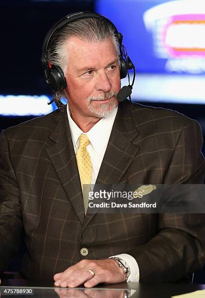 Network on-air talent Barry Melrose on the panel for the pre-game show before the cc take on the Tampa Bay Lightning in Game One of the 2015 NHL...