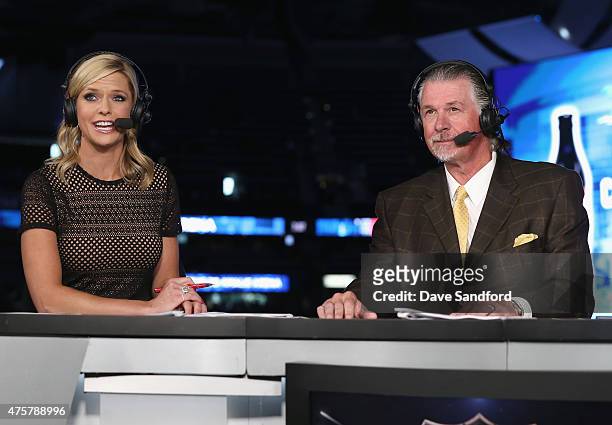 Network on-air talent Kathryn Tappan hosts and Barry Melrose sits on the panel for the pre-game show before the Chicago Blackhawks take on the Tampa...