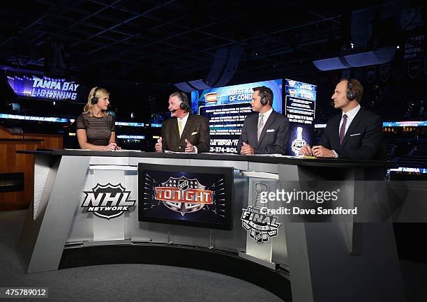 Network on-air talent Kathryn Tappan, Barry Melrose, Martin Biron and Mike Rupp sit on the panel for the pre-game show before the Chicago Blackhawks...