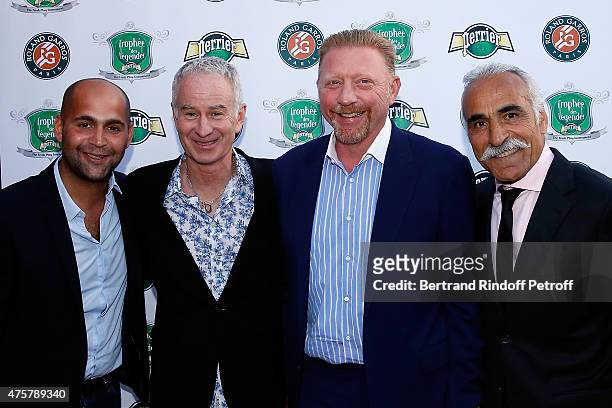 Sam Bahrami, John McEnroe, Boris Becker and Mansour Bahrami attend the Trophee des Legendes Dinner at Le Fouquet's, champs Elysees on June 3, 2015 in...