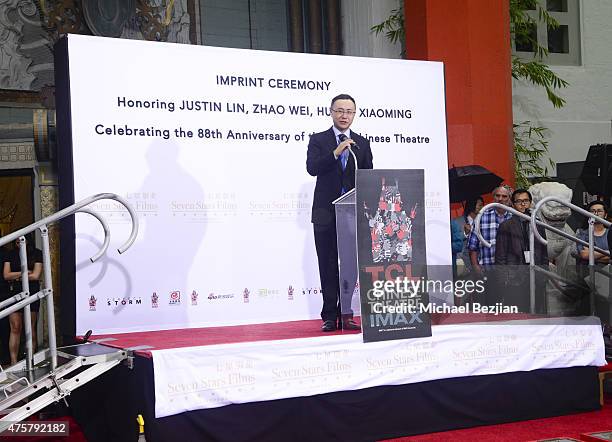 Chairman/CEO of Enlight Wang Changtian gives speect at Bruno Wu and Seven Stars Entertainment Sponsor TCL Chinese Theatre Handprints For Director...