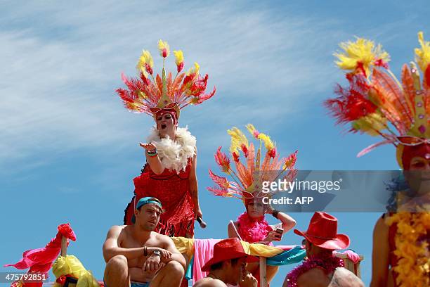 Float taking part in the 2014 Gay Pride Parade travels down the streets of Green Point in Cape Town, South Africa, on March 1, 2014. AFP...