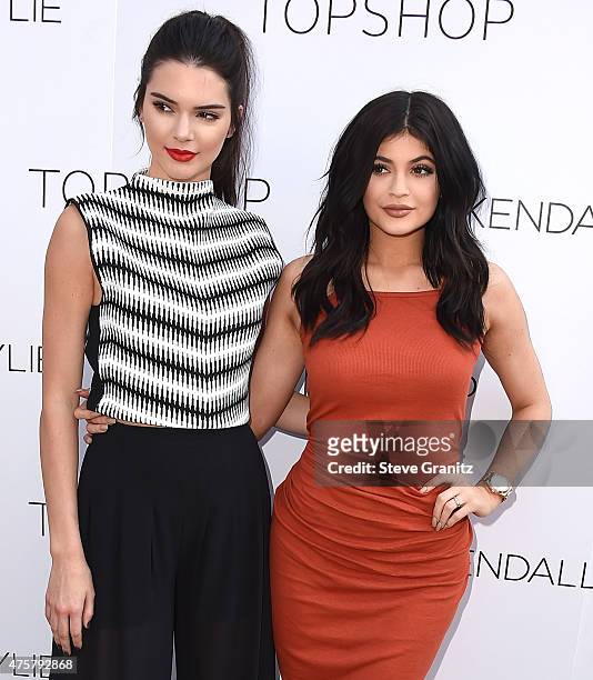 Kendall Jenner and Kylie Jenner arrives at the New Kendall + Kylie Fashion Line Laucnh Party At TopShop at TopShop on June 3, 2015 in Los Angeles,...