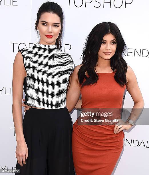 Kendall Jenner and Kylie Jenner arrives at the New Kendall + Kylie Fashion Line Laucnh Party At TopShop at TopShop on June 3, 2015 in Los Angeles,...