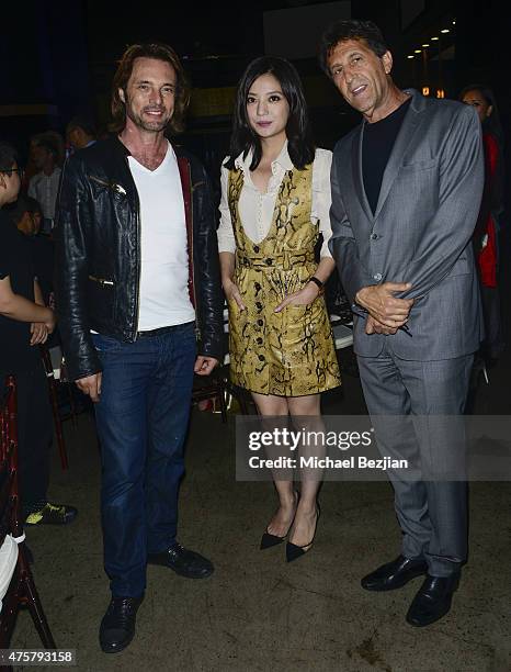 Actor James Wilder, Actress Zhao Wei and TCL Owner Ellis Samaha pose for portrait at Bruno Wu and Seven Stars Entertainment Sponsor TCL Chinese...