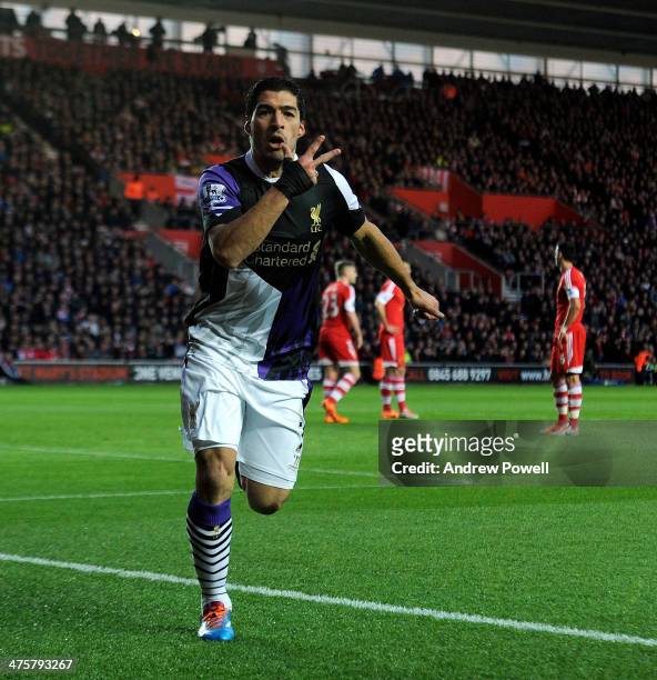 Luis Suarez of Liverpool celebrates after scoring the opening goal during the Barclays Premier Leauge match between Southampton and Liverpool at St...