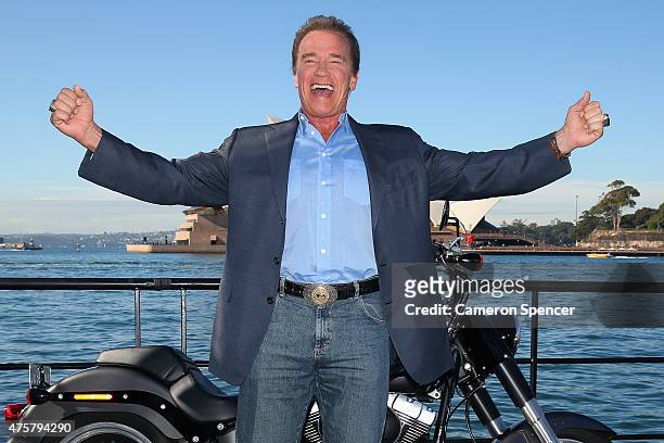 Arnold Schwarzenegger poses during a 'Terminator Genisys' photo call at the Park Hyatt Sydney on June 4, 2015 in Sydney, Australia.