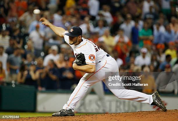 Lance McCullers of the Houston Astros throws a pitch in the ninth inning during their game against the Baltimore Orioles at Minute Maid Park on June...