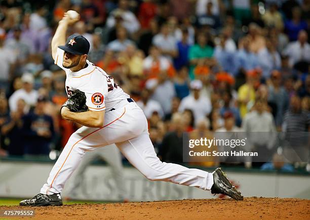 Lance McCullers of the Houston Astros throws a pitch in the ninth inning during their game against the Baltimore Orioles at Minute Maid Park on June...