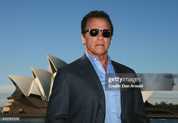 Arnold Schwarzenegger poses during a 'Terminator Genisys' photo call at the Park Hyatt Sydney on June 4, 2015 in Sydney, Australia.