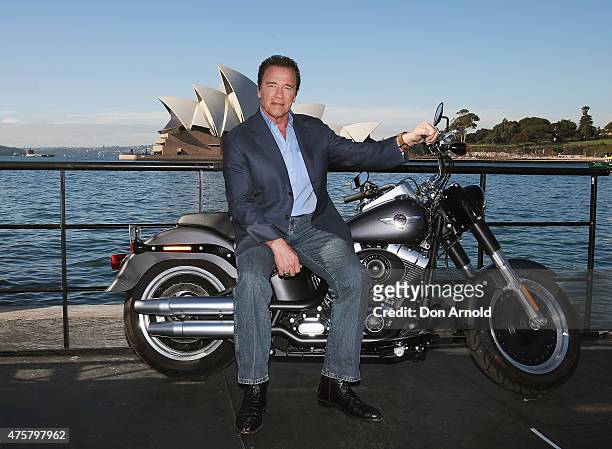 Arnold Schwarzenegger poses during a 'Terminator Genisys' photo call at the Park Hyatt Sydney on June 4, 2015 in Sydney, Australia.