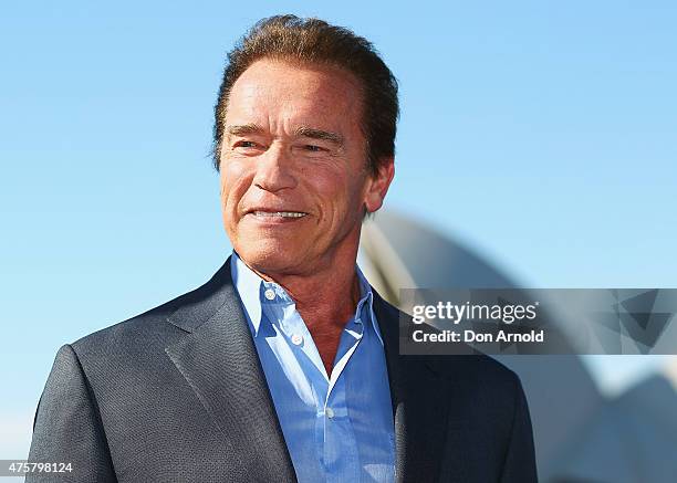 Arnold Schwarzenegger poses during a 'Terminator Genisys' photo call at the Park Hyatt Sydney on June 4, 2015 in Sydney, Australia.