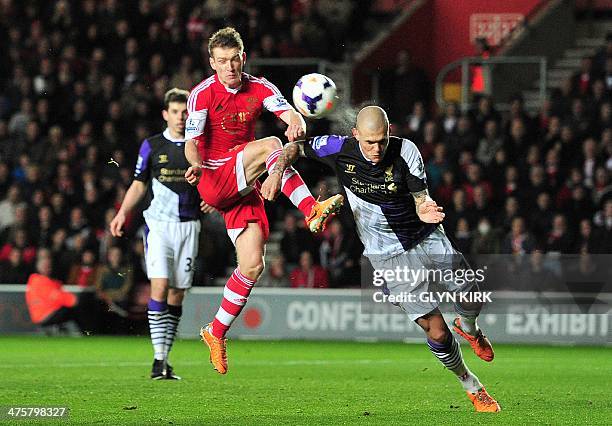 Southampton's Northern Irish midfielder Steven Davis vies with Liverpool's Slovak defender Martin Skrtel during the English Premier League football...