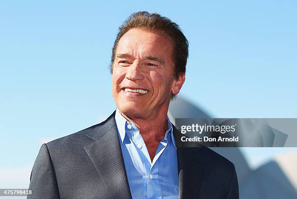 Arnold Schwarzenegger poses during a 'Terminator Genisys' photo call at the Park Hyatt Sydney on June 4, 2015 in Sydney, Australia.