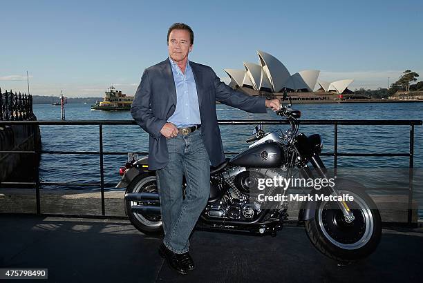 Arnold Schwarzenegger poses during a 'Terminator Genisys' photo call at the Park Hyatt Sydney on June 4, 2015 in Sydney, Australia.