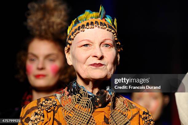 Fashion designer Vivienne Westwood walks the runway during the Vivienne Westwood show as part of the Paris Fashion Week Womenswear Fall/Winter...