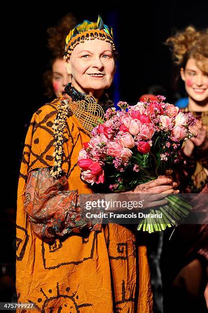 Fashion designer Vivienne Westwood walks the runway during the Vivienne Westwood show as part of the Paris Fashion Week Womenswear Fall/Winter...