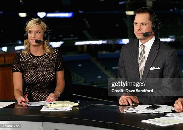 Network on-air talent Kathryn Tappen and Martin Biron discuss Game One of the 2015 NHL Stanley Cup Final on the post-game show at Amalie Arena on...