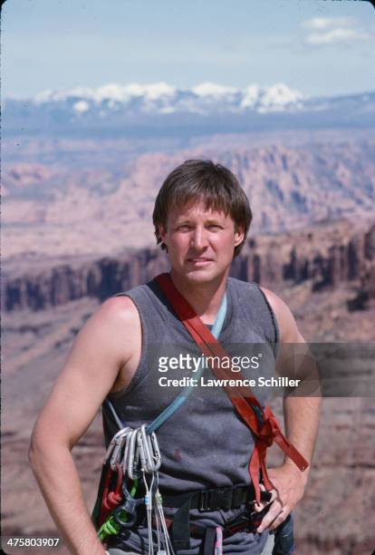 Portrait of American actor Bruce Boxleitner, in a tank top and climbing gear, during pre-production for the tv movie 'Double Jeopardy' , Moab, Utah,...