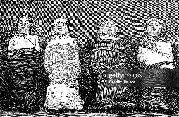 antique illustration of baby wrapping techniques - baby wrapped in bubble wrap stock illustrations