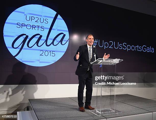 Up2Us Sports Founder and CEO Paul Caccamo addresses attendees during the Up2Us Sports celebration of 5 Years of change through sports on June 3, 2015...