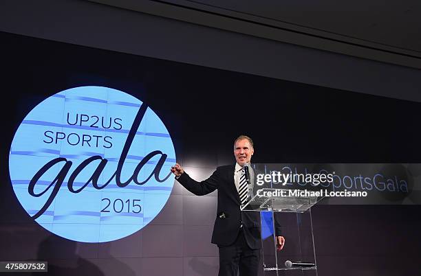 Up2Us Sports Founder and CEO Paul Caccamo addresses attendees during the Up2Us Sports celebration of 5 Years of change through sports on June 3, 2015...