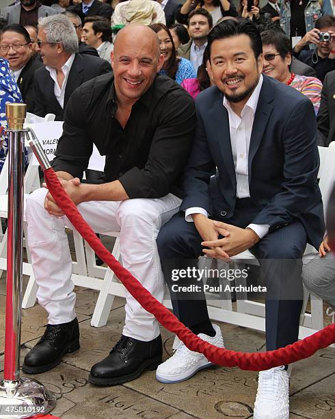 Actor Vin Diesel and Director Justin Lin attend the "Hand and Footprint Ceremony" at The TCL Chinese Theatre IMAX on June 3, 2015 in Hollywood,...