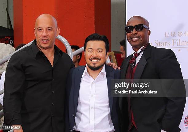 Vin Diesel, Justin Lin and MC Hammer attend the "Hand and Footprint Ceremony" at The TCL Chinese Theatre IMAX on June 3, 2015 in Hollywood,...